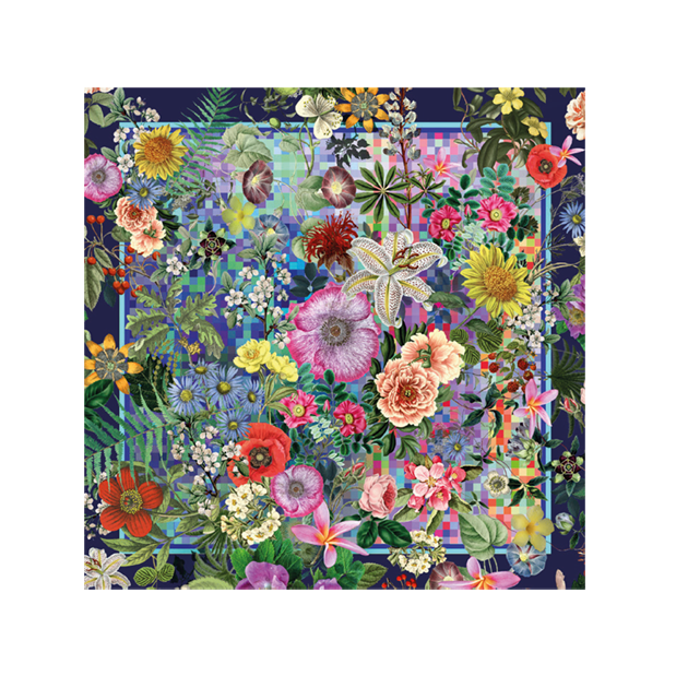 Foulard mit floralem und pixelartigem Muster, entworfen von Bernhard Duss.
