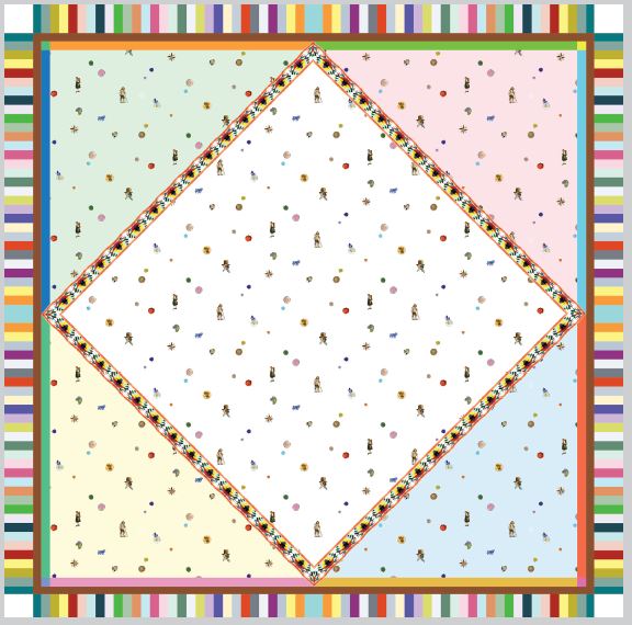 Künstlerisches Foulard mit abstrakten Formen und lebhaften Farben auf einem goldfarbenen Hintergrund.