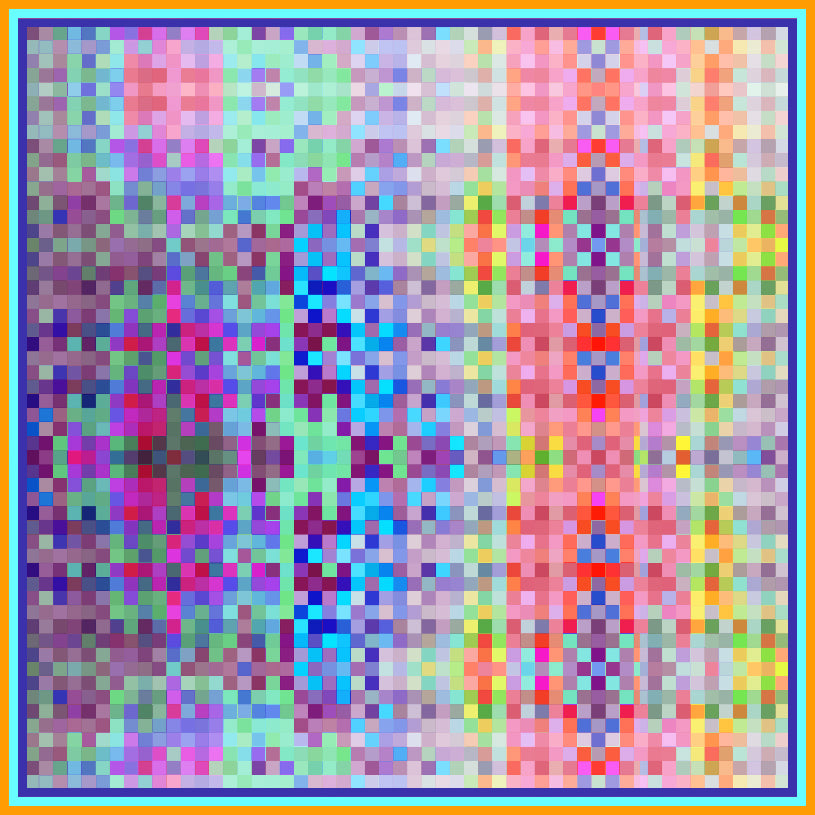 Foulard mit pixelartigem Design in lebendigen Farben, entworfen von Bernhard Duss.