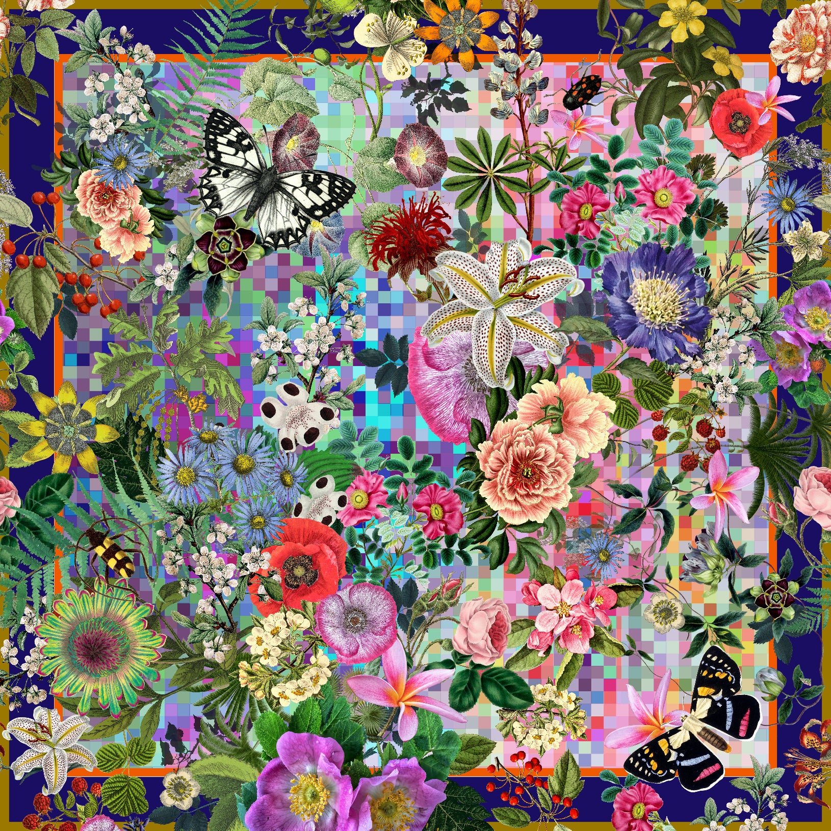 Foulard mit floralem und pixelartigem Muster, entworfen von Bernhard Duss.