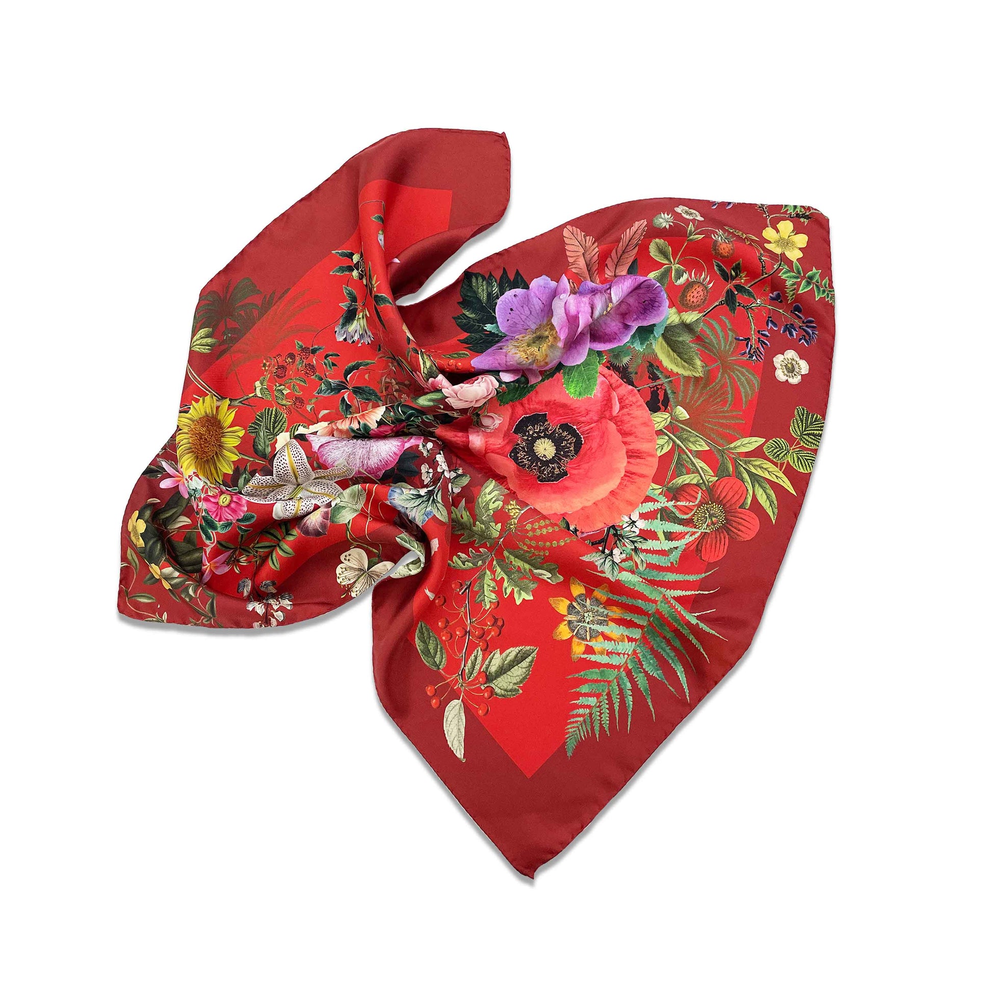 Nickituch aus Seide mit farbenfrohen Blumenmotiven auf rotem Hintergrund