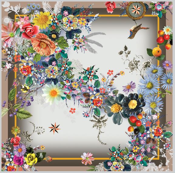 Foulard mit floralen Motiven und filigranen Details, gestaltet mit bunten Blumen, Blättern und einem eleganten Rahmen, ideal als stilvolles Accessoire.